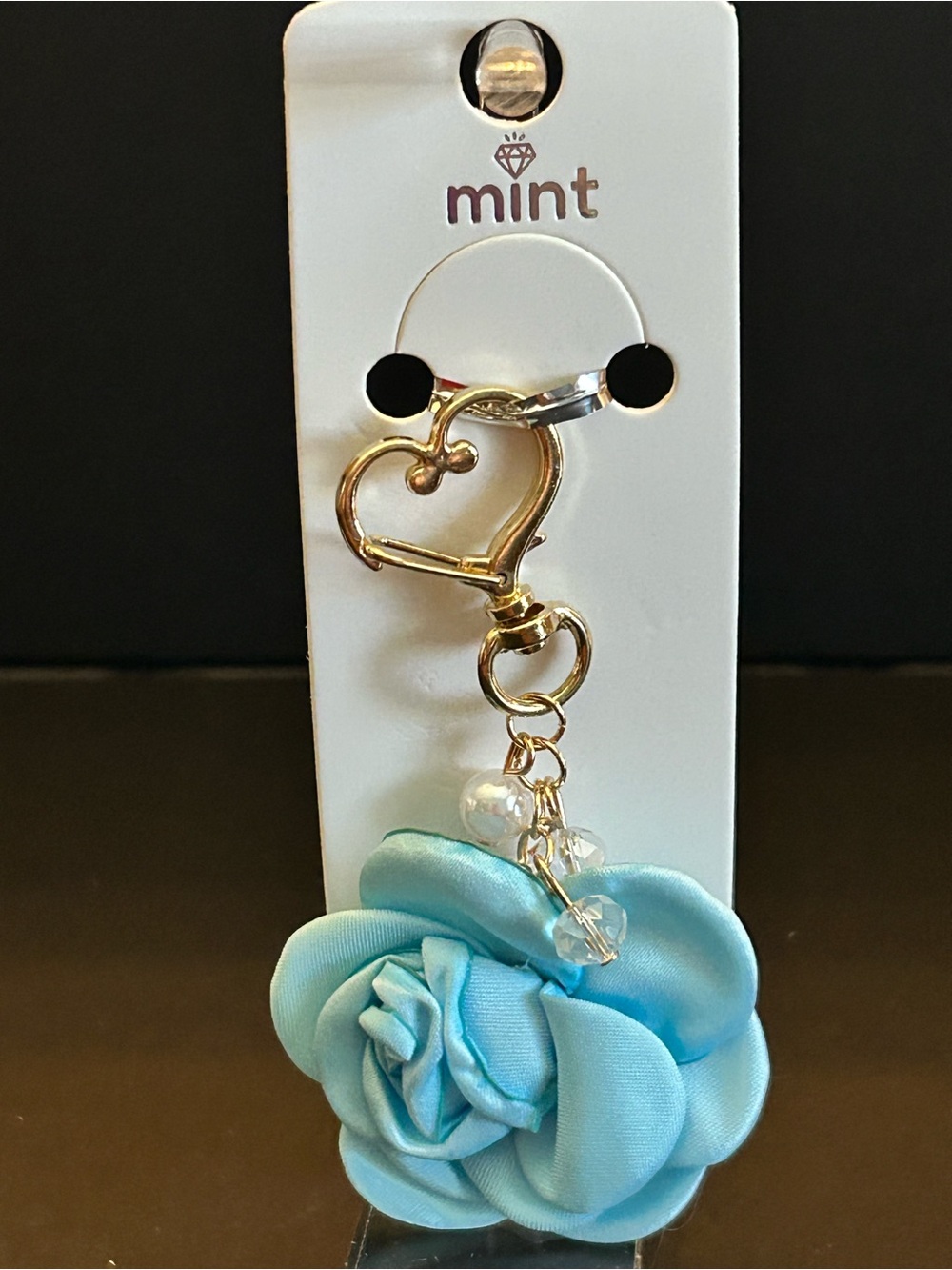 Mint Gold Heart Bag Charm With Fabric Rose Charm, Clear Crystals & Pearls NWT - Picture 3 of 8
